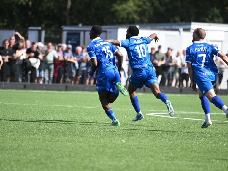 Tyrone Marsh celebrates a debut goal at The Eyrie for Bedford Town in August 2025