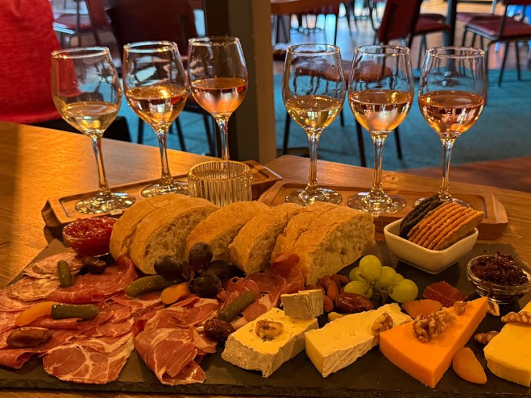 Six glasses of white wine and a delicious deli sharig platter at the Blue Glass on St Peter's Street