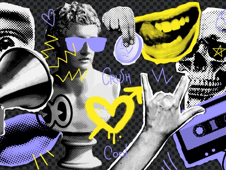 A 1990s collage with cassette tape, sun glasses, rock hand, megaphone, bright colours and shapes. Image: Lana Sham/ Shutterstock