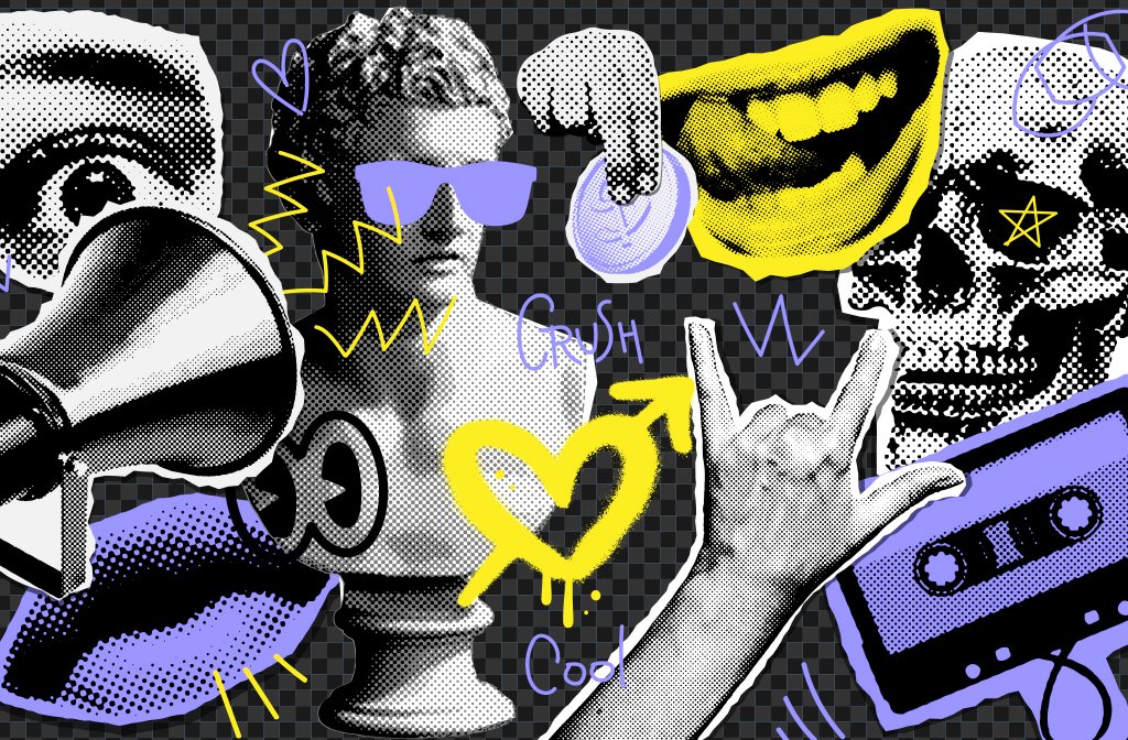 A 1990s collage with cassette tape, sun glasses, rock hand, megaphone, bright colours and shapes. Image: Lana Sham/ Shutterstock