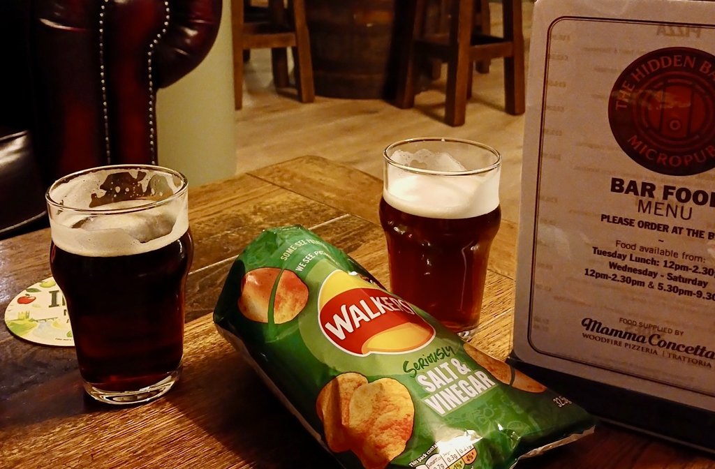 A pint and some crisps at The Hidden Barrel. Image Charmain Lines