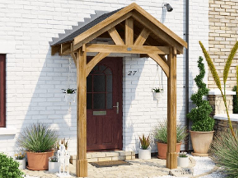 A wooden porch covering the front door to a house home Dunster House