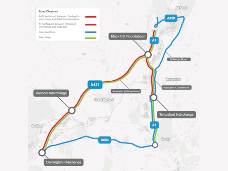 A1 northbound diversion map Black Cat Roundabout 11 & 12 October 2025. Image: National Highways