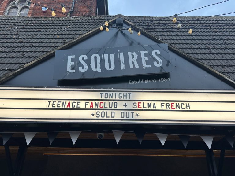A 'sold out' marquee sign above the door at Bedford Esquires for the Teenage Fanclub gig.