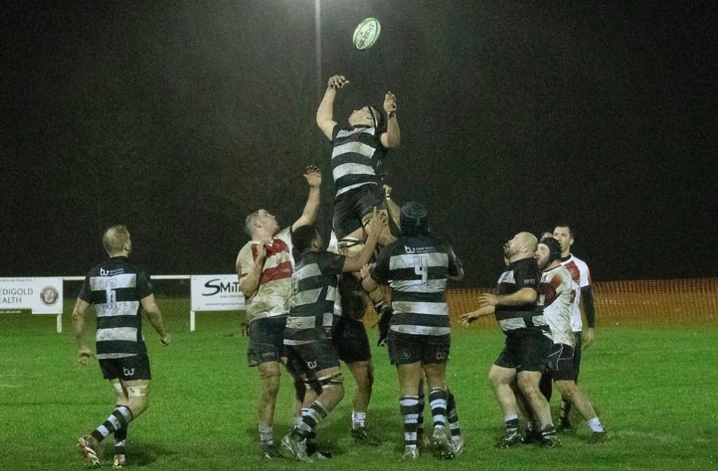 Bedford Ath go up for a lineout in their game against Wellingborough in December 2025
