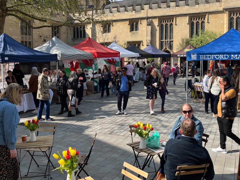 Bedford Flea stalls on Harpur Square in April 2025