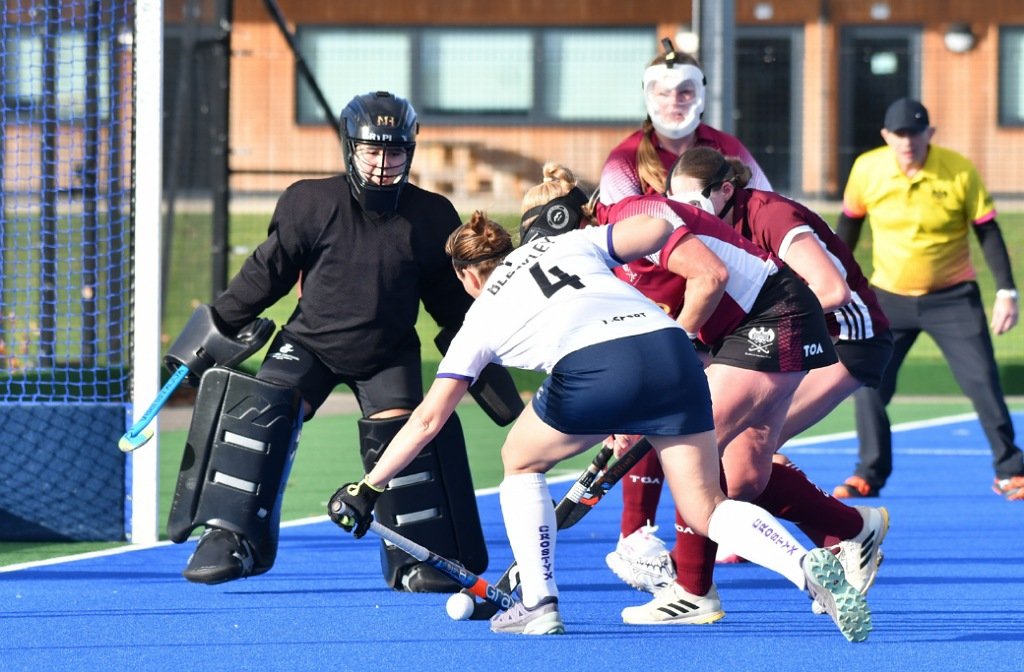 Bedford Hockey Club Ladies 2nd XI defend their goal in a fixture at Chester Road in November 2025
