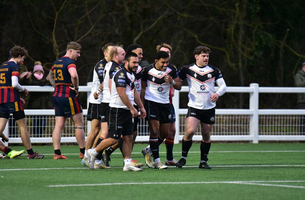 Bedford Tigers celebrate a try against Medway Dragons in the Challenge Cup in January 2026