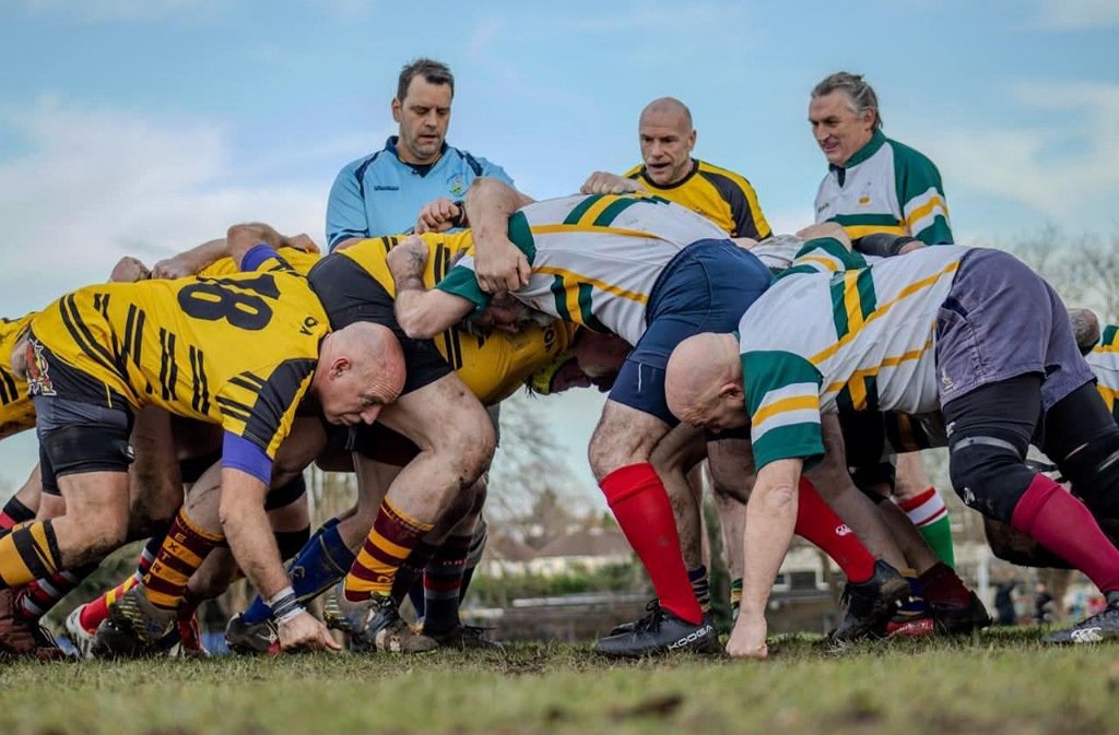 Bedfordshire Super Vets Rugby scrum down with Hertfordshire counterparts in a charity match in Rickmansworth