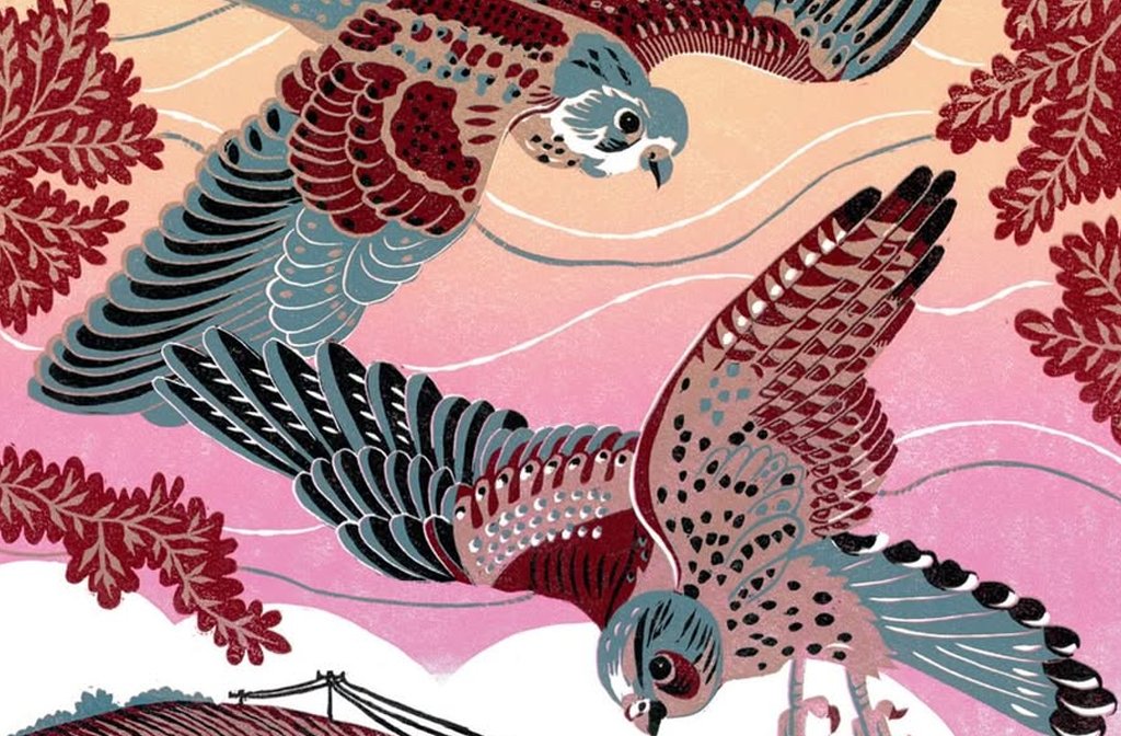 A reduction linoprint of two birds of prey in mid flight by Marisa Straccia