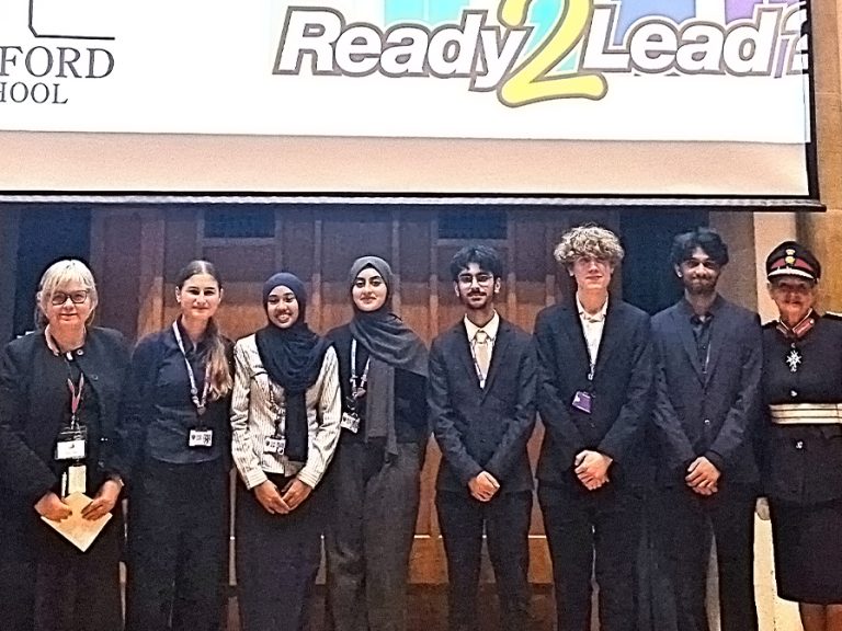 Biddenham School Year 12 students, the Ready2Lead? winners 2025, with (l) Laura Church, CEO of Bedford Borough Council and (r) HM LL Susan Lousada.