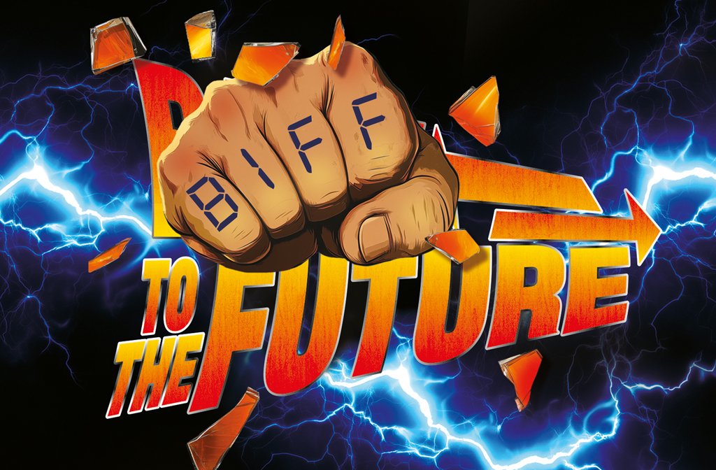A fist bearing the tattoo 'Biff' smashes through the classic Back to the Future logo