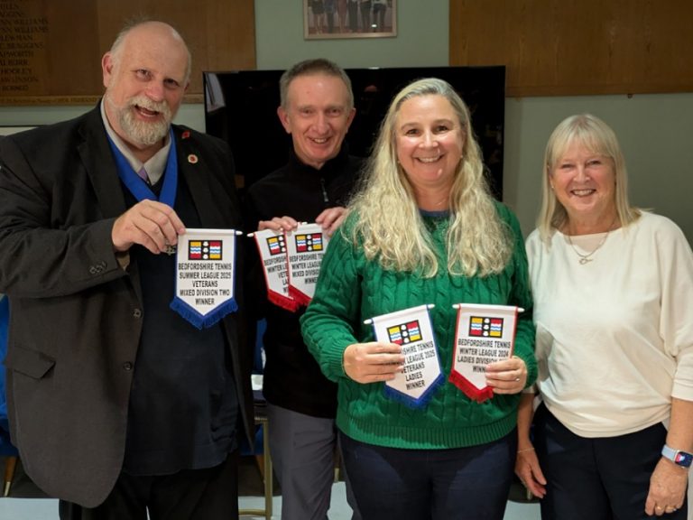 Left to right, Mayor Tom Wootton, Steve Adams (Towers Racquets Operations Manager), Claire Raddan (Towers Captain), and LTA President Sandi Procter