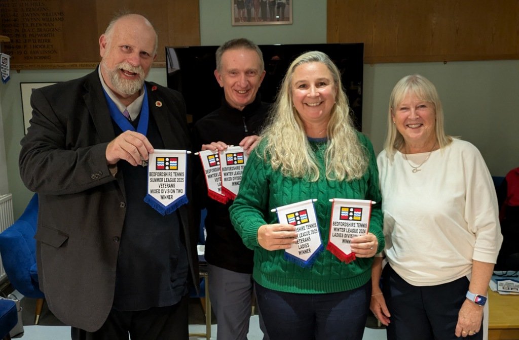 Left to right, Mayor Tom Wootton, Steve Adams (Towers Racquets Operations Manager), Claire Raddan (Towers Captain), and LTA President Sandi Procter