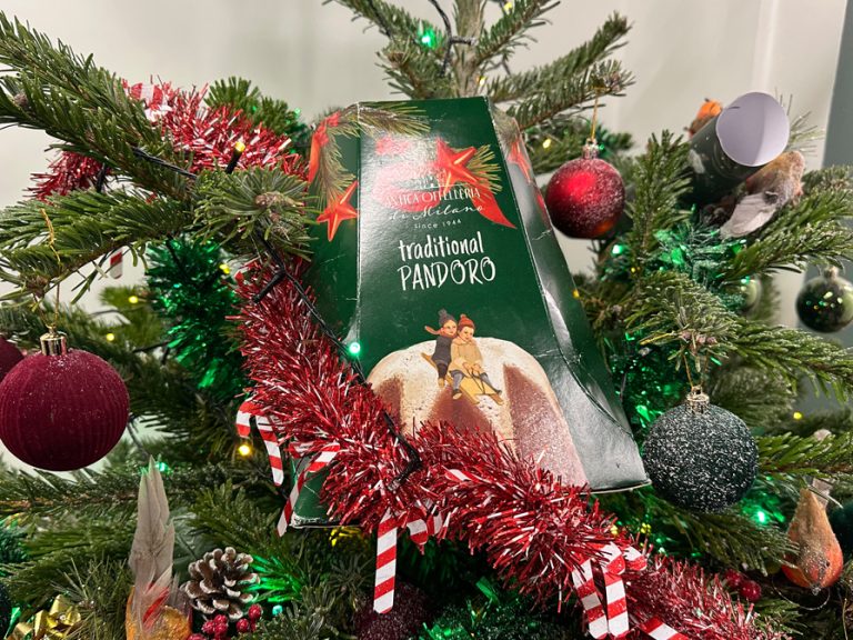 The panettone from Damiano Hair's TikTok video nestled in a Christmas tree