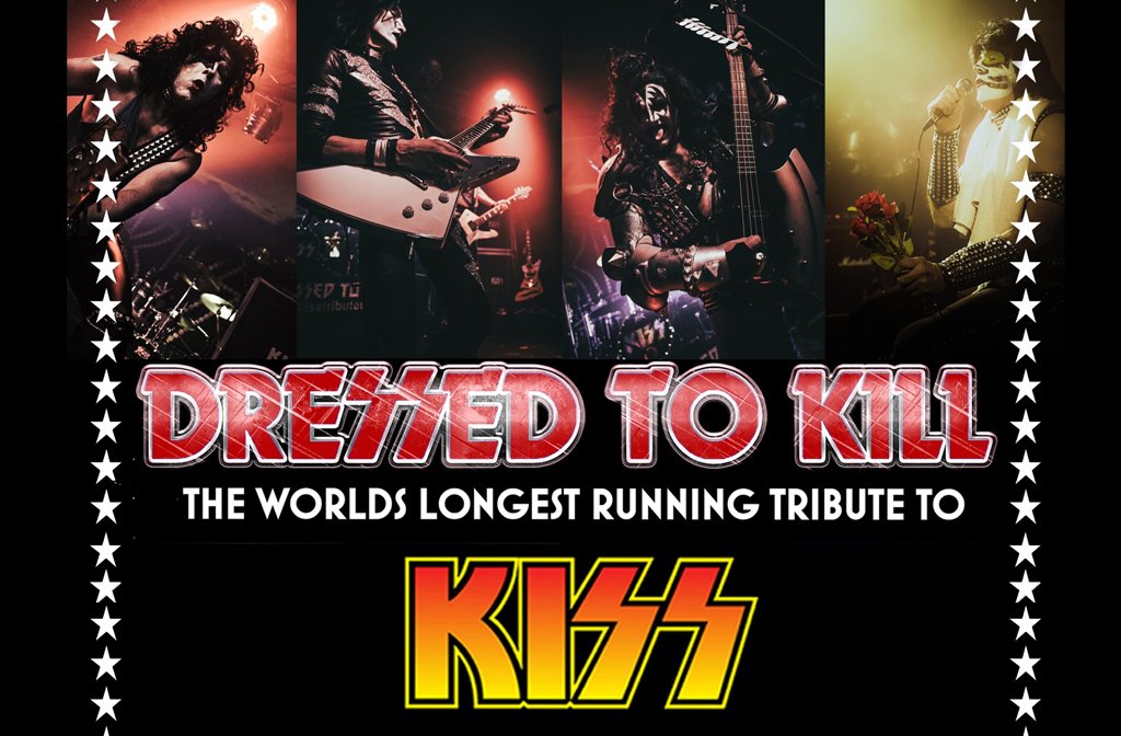 Poster for the Kiss tribute band Dressed to Kill featuring the Kiss logo and a montage of band members