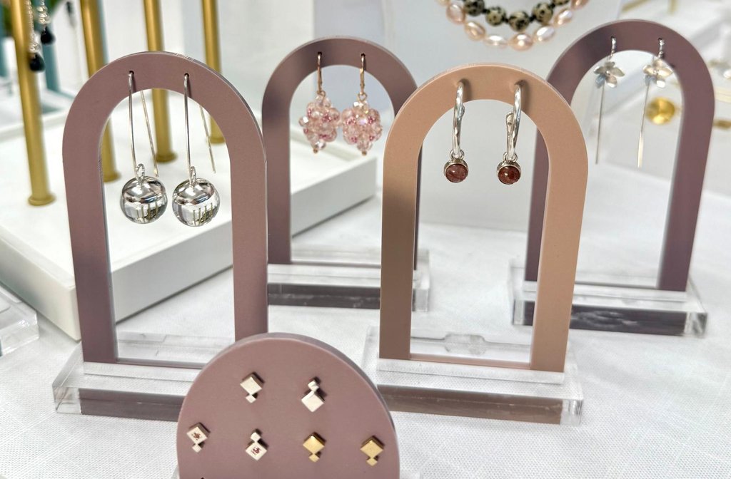 Earrings on display at Lavender Moss in Bedford's Old Arcade