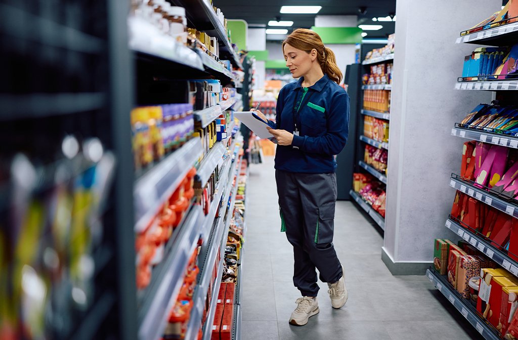Female worker taking notes while checking stock of shelves at supermarket. Image Drazen Zigic Shutterstock