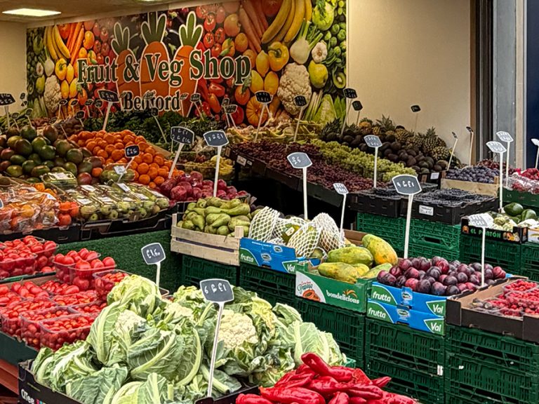 Colourful fruits and vegetables set out on stalls at the Fruit & Veg Shop Bedford, Silver Street. Image: Bedford Independent