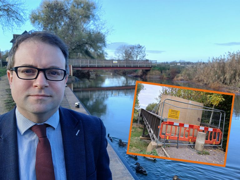 Cllr Henry Vann at Kempston Mill bridge. Inset: Queens Bridge in Kempston. Image: Bedford Borough Liberal Democrats