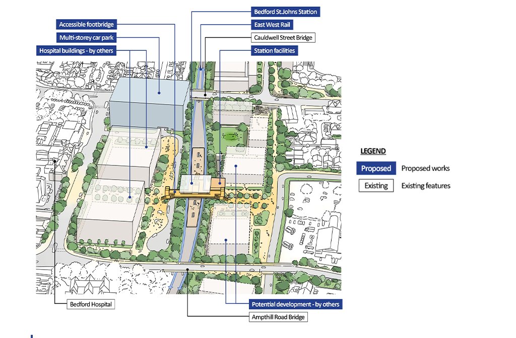 Illustration of Bedford St Johns proposals and how it will serve Bedford Hospital. Image: EWR