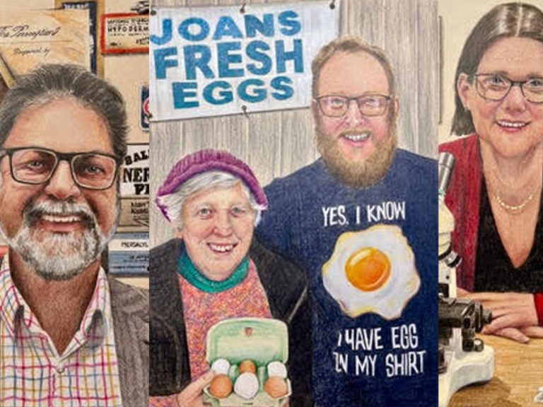 Painted portraits of Khaled (Bromham Pharmacy), Joan & Alexander (market traders), Jean (Biology teacher Bedford School). Image David Lewry
