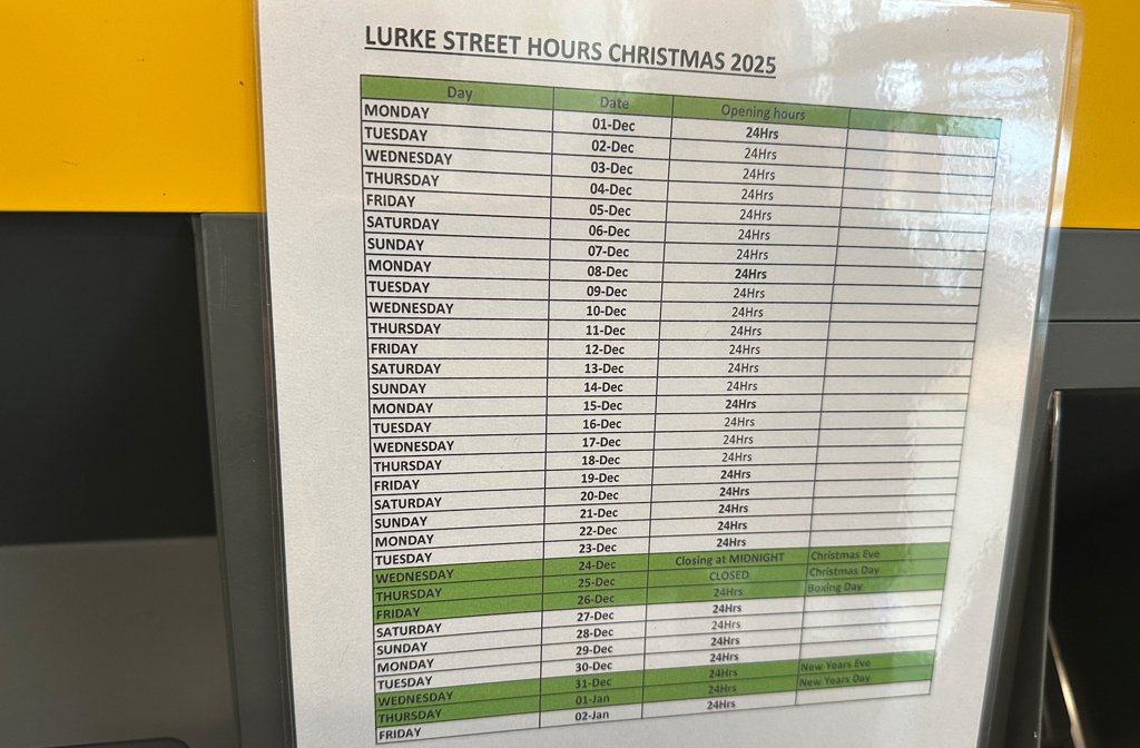 An A4 sheet of paper showing the opening times of Lurke Street car park over the Christmas period