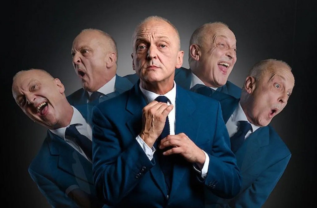 A montage of images of David Benson as he inhabits the mannerisms of Kenneth Williams for his one man show