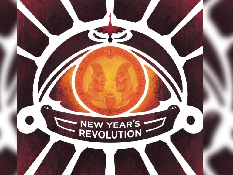 New Year's Revolution graphic featuring a coin with an illustration of Bedford's silver faces statue with the words Bedford Clanger 2011 - 2026