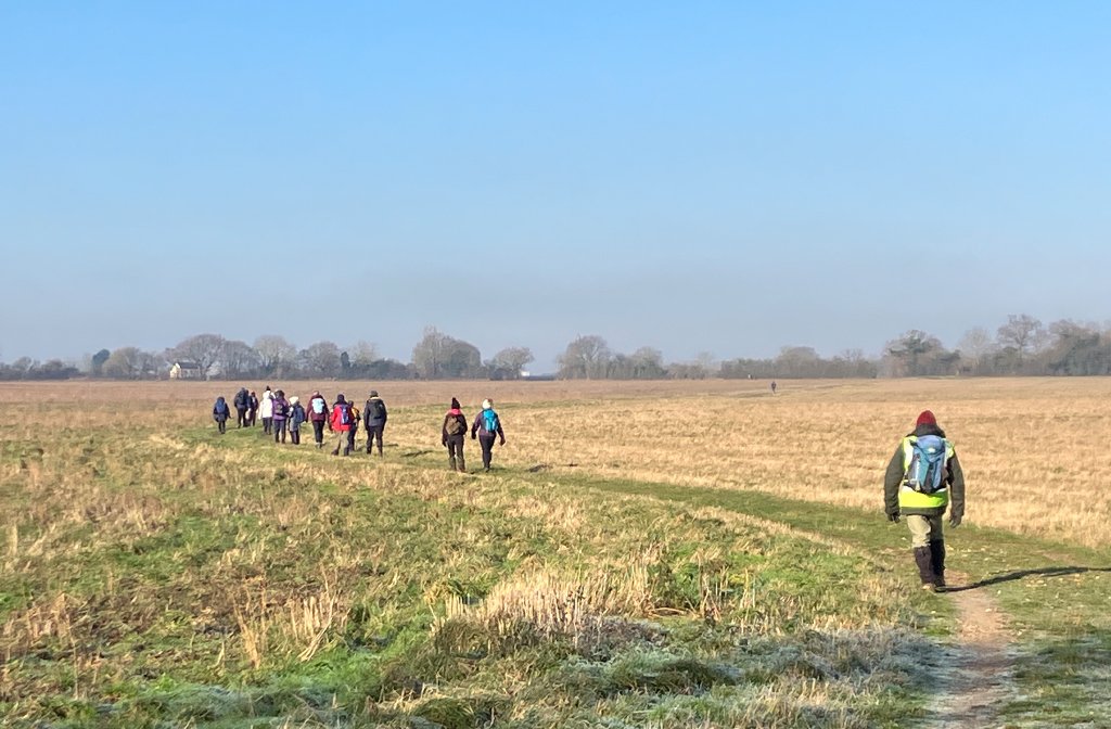 A group of ramblers walking through very flat Bedfordshire countryside on a crisp bright day with a clear blue sky
