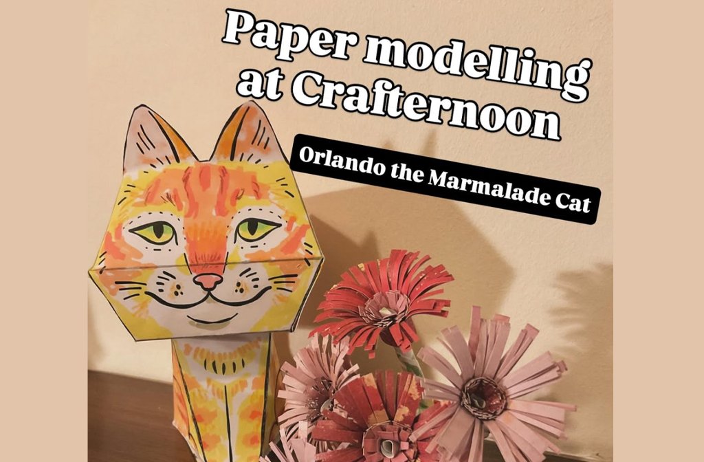 A 3D paper model of a ginger cat to promote the children's crafternoon at the Higgins run by illustrator Marisa Straccia