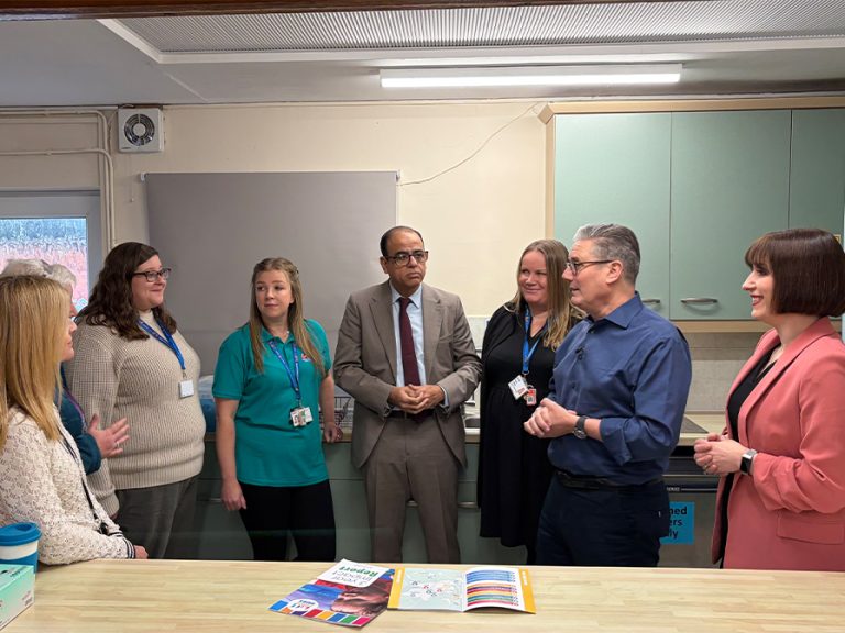 Prime Minister Keir Starmer, Education Secretary Bridget Phillipson and Bedford & Kempston MP Mohammad Yasin speak to staff at the Bedford Family Hub at St Mary's Church Hall, Church Lane.