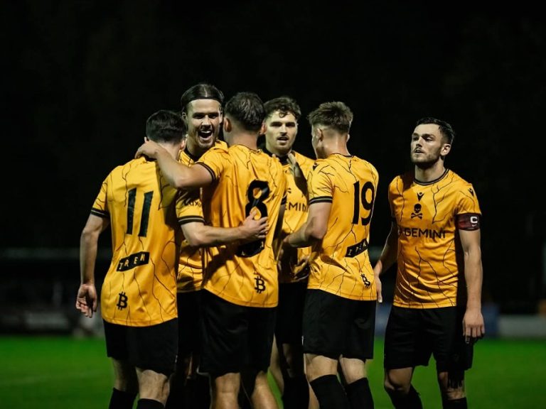 Real Bedford players celebrate a goal at Ledger Stadium