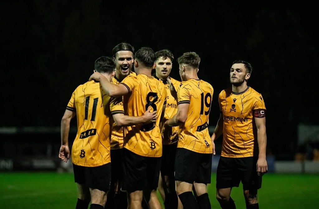 Real Bedford players celebrate a goal at Ledger Stadium