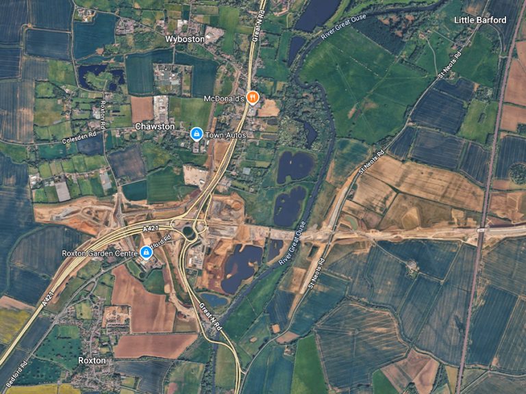 Roxton, Wyboston and Chawston map. Image: Imagery ©2025 Google, Imagery ©2025 Airbus, Landsat/Copernicus, Maxar Technologies