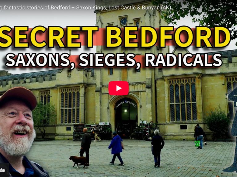 The cover image of John Rogers' YouTube film Secret Bedford featuring Harpur Square, King Offa and John's face