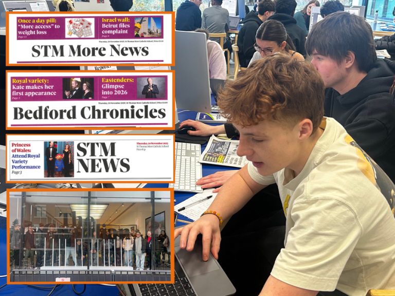 St Thomas More students working on their newspapers at The Guardian (Inset) their mastheads and the whole group. Image: St Thomas More School