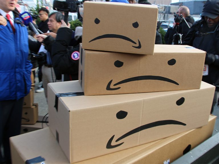 Unhappy Amazon boxes at a protest over the shopping website in New York, USA 2018. Image: SCOOTERCASTER/Shutterstock
