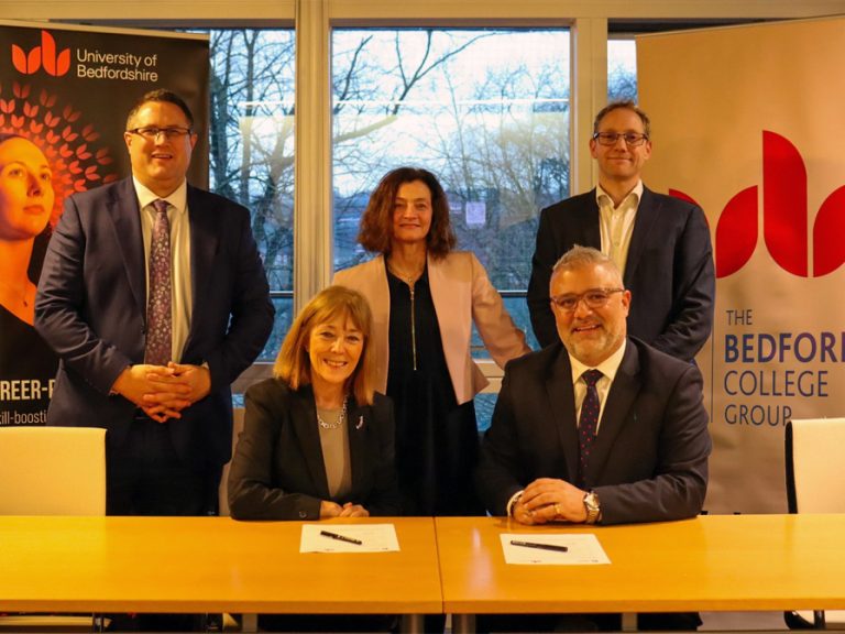 Back row (l-r) Robin Webber Jones, Executive Director of Curriculum for The Bedford College Group; Professor Julie Brunton, Pro-Vice Chancellor for Education and Student Experience, University of Bedfordshire; Charlie Whewell, Group Head of Higher Skills and Partnerships at The Bedford College Group. Seated (l-r) Professor Rebecca Bunting, Vice Chancellor of the University of Bedfordshire; Yiannis Koursis OBE, Chief Executive Officer of The Bedford College Group. Image: University of Bedfordshire
