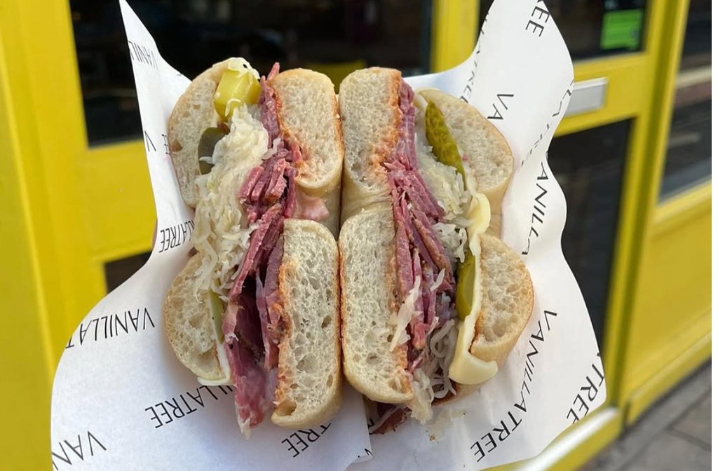 A Reuben bagel at Vanilla Tree with beef, cheese, gherkins, cheese and Russian dressing.