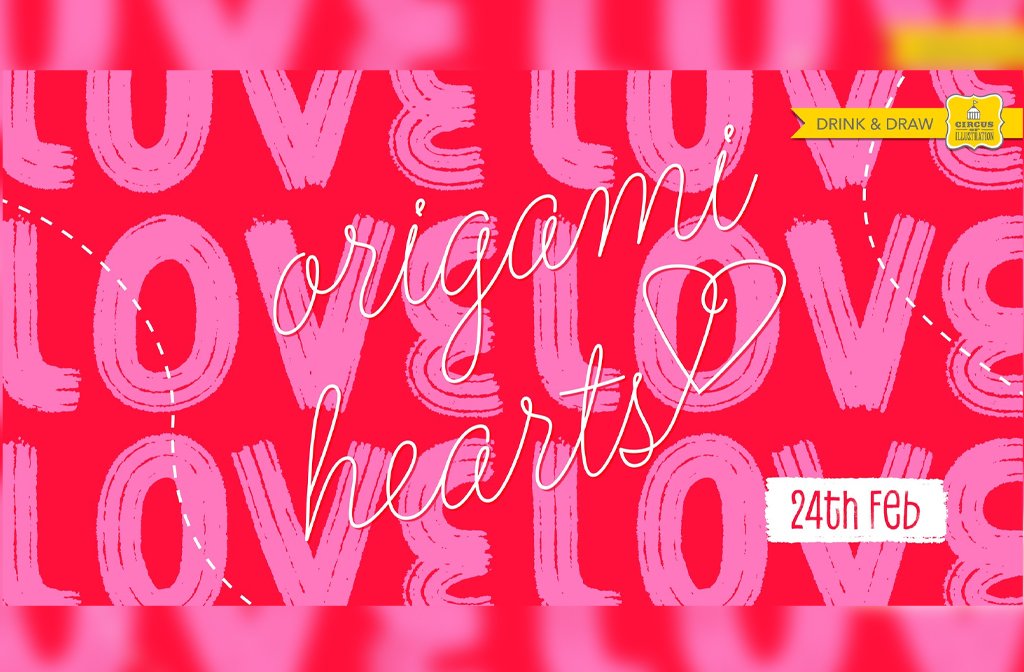 The words love in pink on a bright pink background with origami hearts written in the foreground