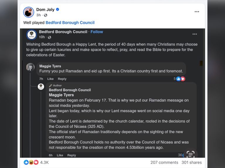 Comedian Dom Joly praises Bedford Borough Council for the way they handled ignorant comments on their Facebook page Image Bedford Borough Council Dom Joly Facebook