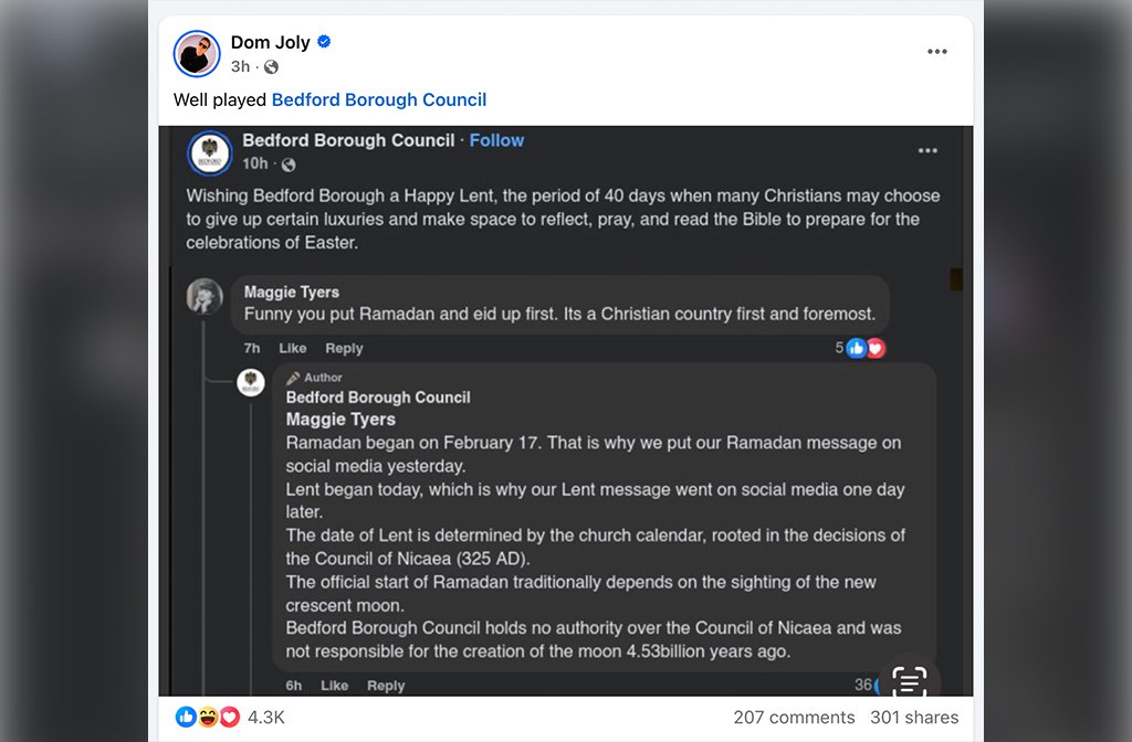 Comedian Dom Joly praises Bedford Borough Council for the way they handled ignorant comments on their Facebook page Image Bedford Borough Council Dom Joly Facebook