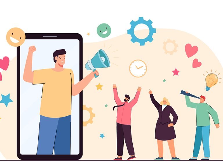 Illustration of man on phone screen with loudspeaker promoting new products and services, engaging audience Image by pch.vectorFreepik