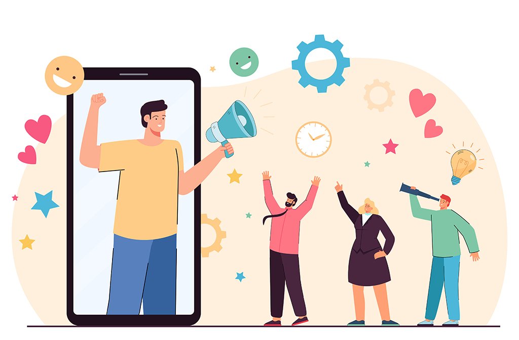 Illustration of man on phone screen with loudspeaker promoting new products and services, engaging audience Image by pch.vectorFreepik