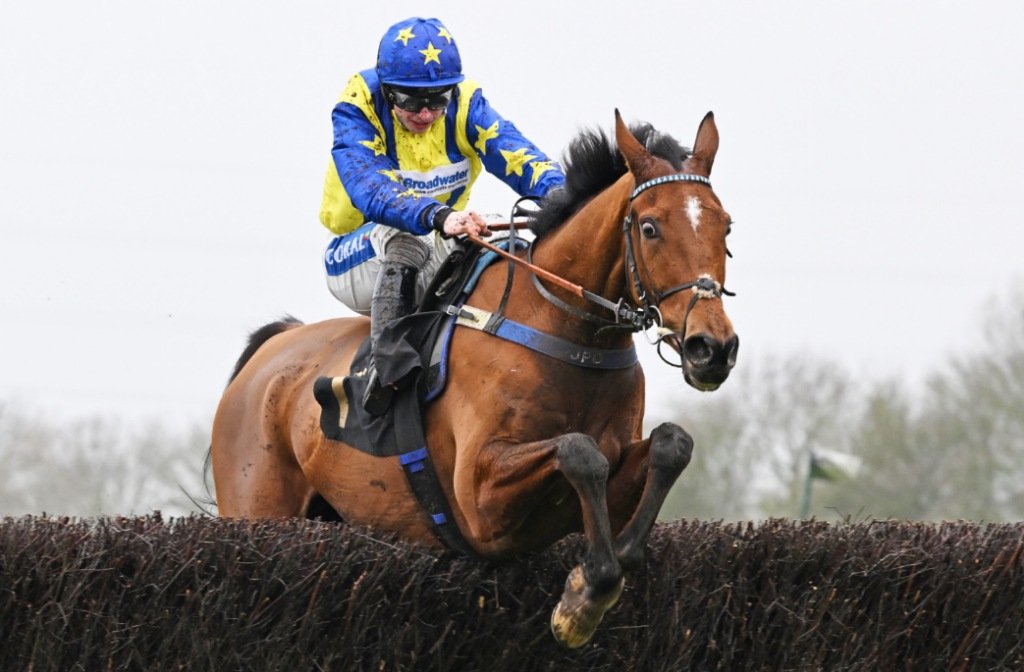 A racehorse jumps a fence at Huntingdon Racecourse in February 2026