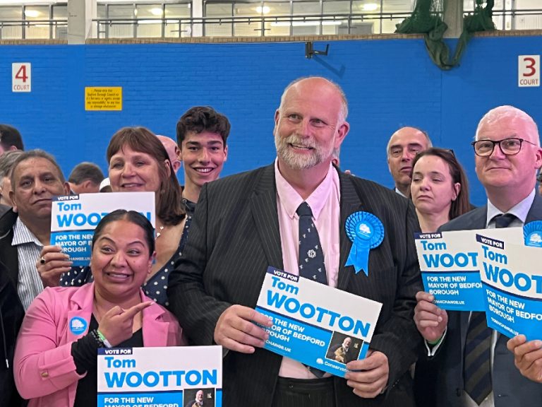 Tom Wootton (Conservative) and his supporters on 5 May 2023, the night he was elected mayor of Bedford Borough