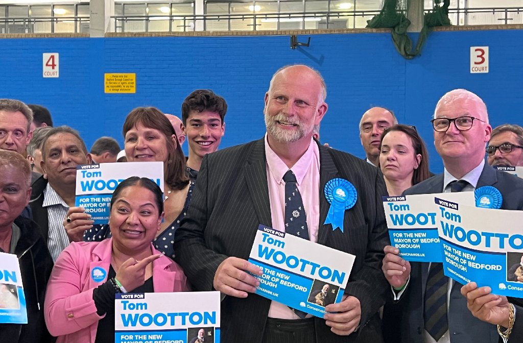 Tom Wootton (Conservative) and his supporters on 5 May 2023, the night he was elected mayor of Bedford Borough