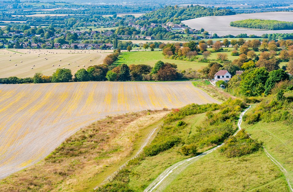 View of English countryside from Dunstable Downs in the Chiltern Hills, Bedfordshire Image BBA Photography Shutterstock