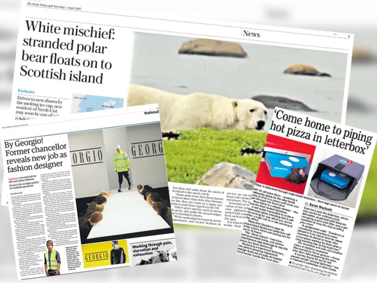 Newspaper April Fool's that turned heads in previous years. Image: Chancellor (The Guardian), Polar Bear (The Telegraph), Pizza (Daily Express).